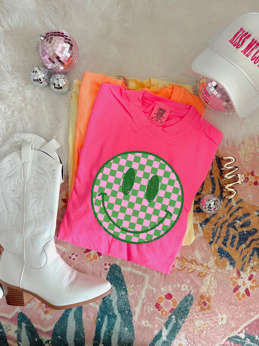 Pink & Green Checkered Smiley Neon Pink Tee