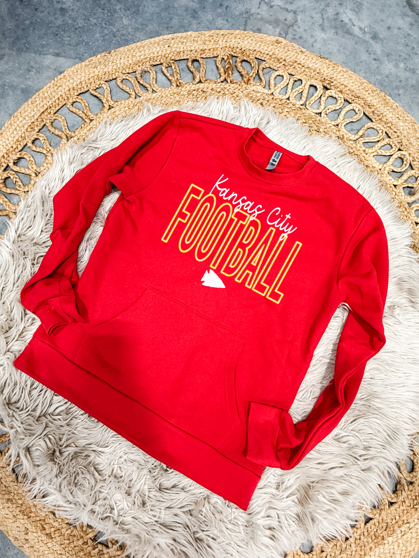 **FIRST 50** White Script Kansas City Gold Block Football Red Pocket Sweatshirt