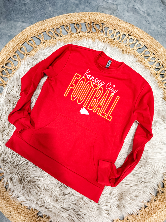 **FIRST 50** White Script Kansas City Gold Block Football Red Pocket Sweatshirt