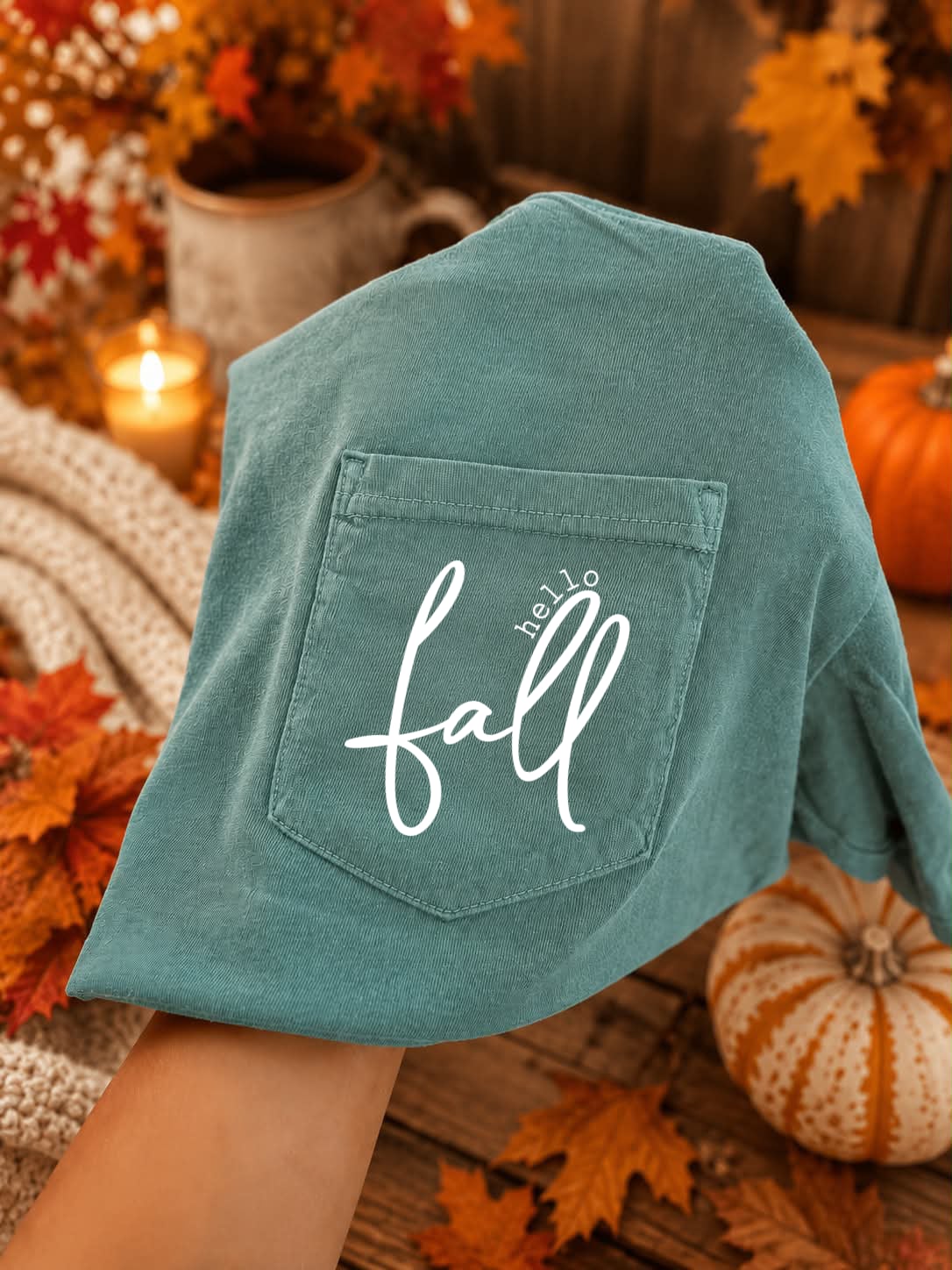 Hello Fall Light Green Pocket Tee