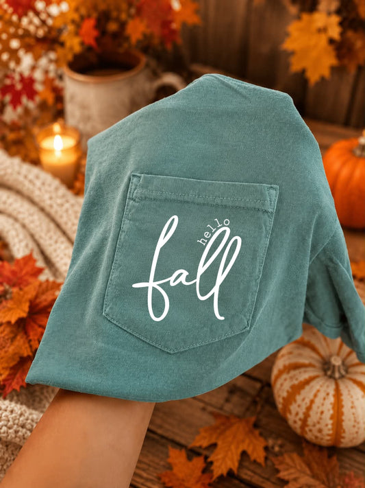 Hello Fall Light Green Pocket Tee