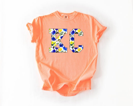 Blue & Yellow Floral KC Neon Cantaloupe Tee