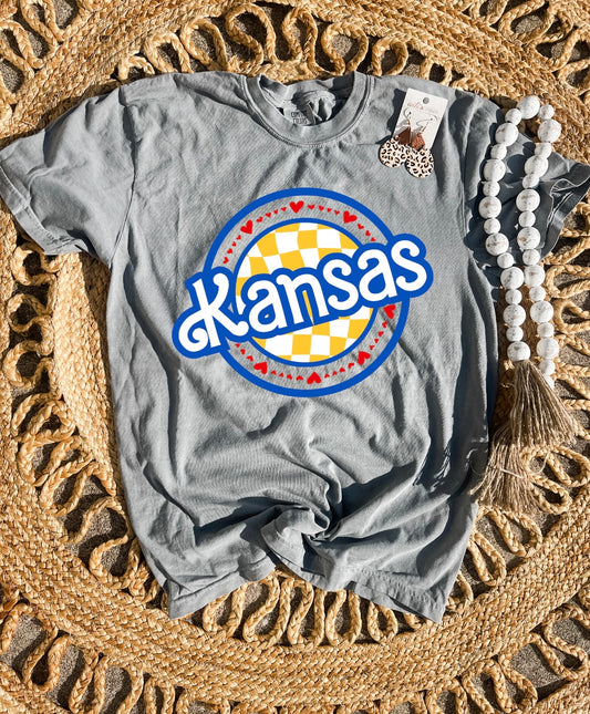 Kansas Checkered Heart Circle Grey Comfort Colors Tee