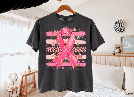 Striped Pink Ribbon & Stars Pepper Tee