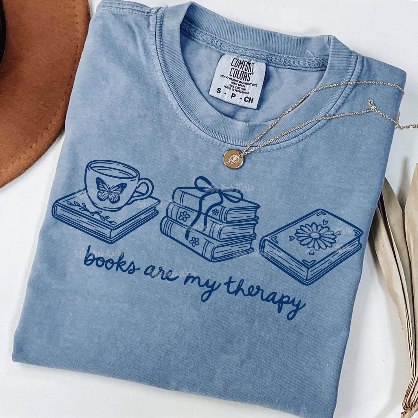 Blue Books Are My Therapy Washed Denim Tee