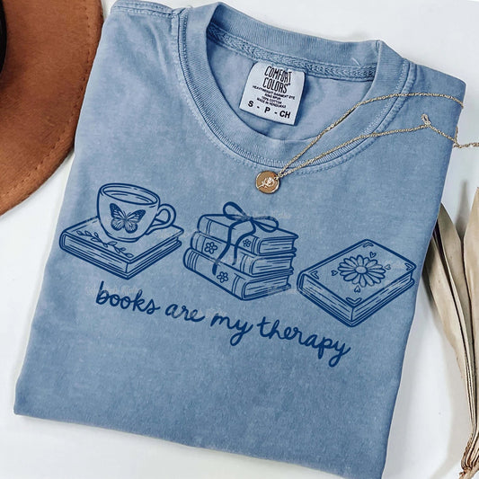 Blue Books Are My Therapy Washed Denim Tee