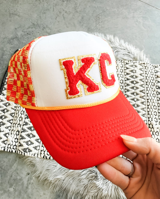 Red & Gold Checkered Trucker Hat