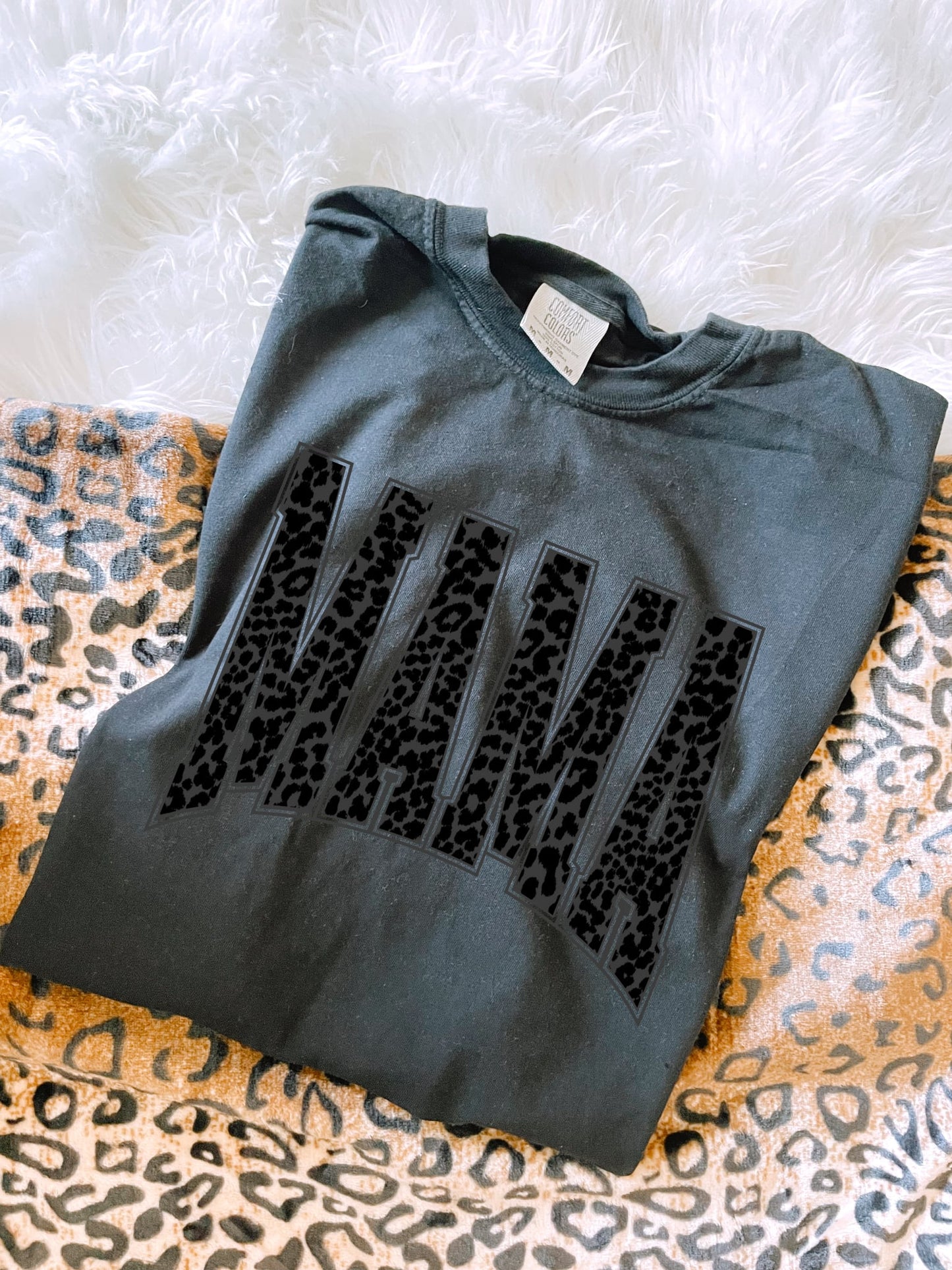 Varsity Letters Black Leopard Mama Black Tee