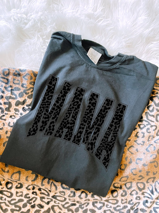 Varsity Letters Black Leopard Mama Black Tee