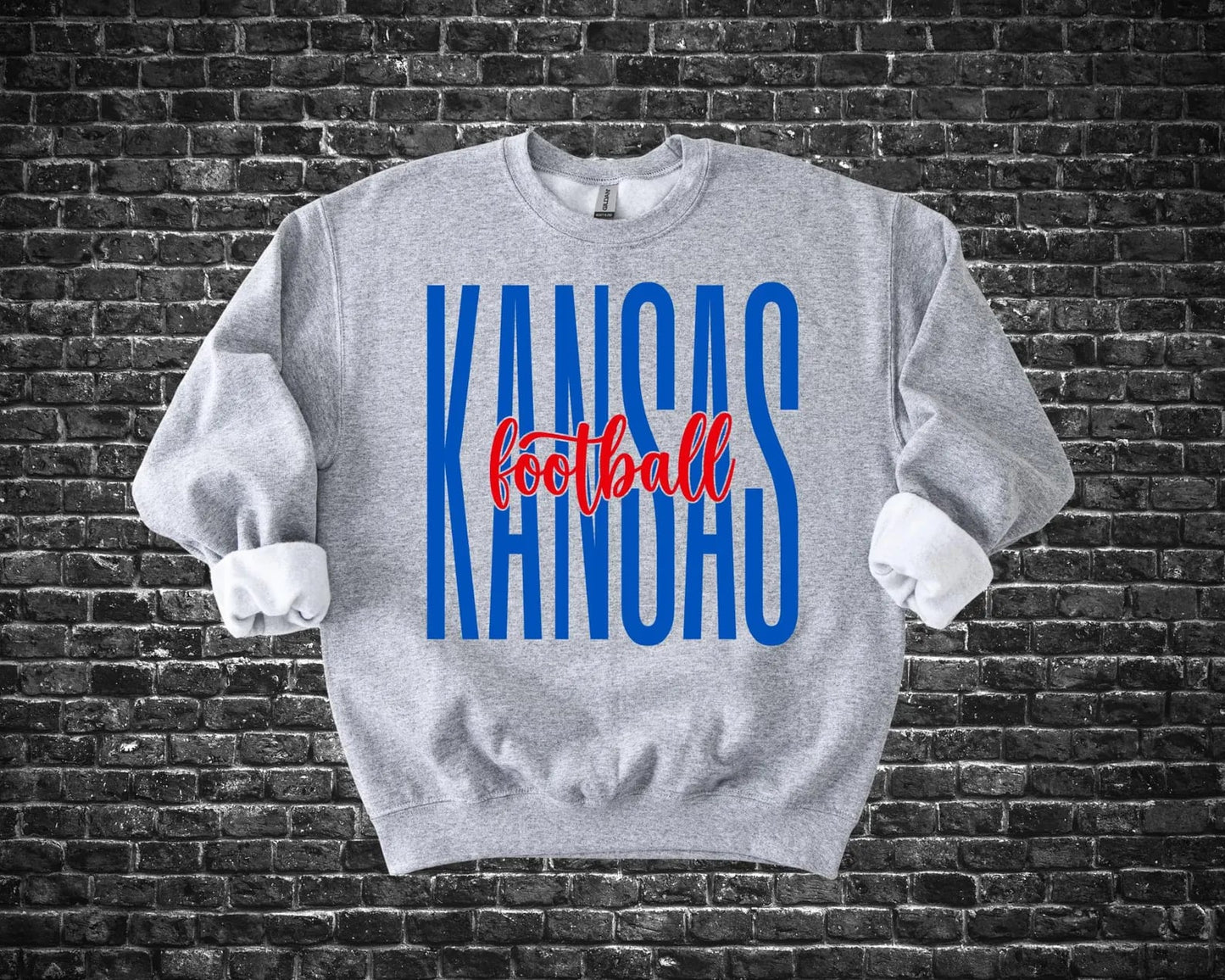 Tall Red & Blue Kansas Football Script Royal Blue Options
