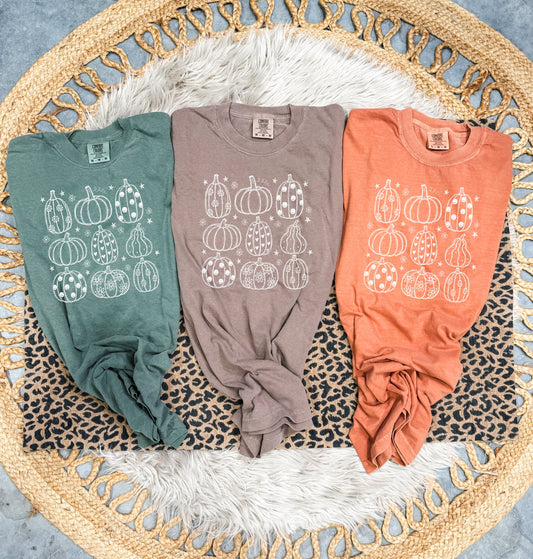 White Doodle Pumpkins Collage Tee Option