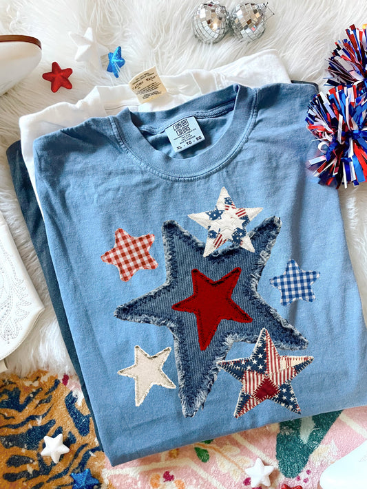 Multi Star 4th Of July Blue Jean Tee