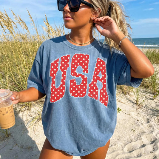 Red & White Polka Dot USA Blue Jean Tee