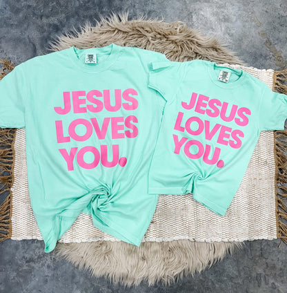 **Adult & Kids Size** Bright Pink Jesus Loves You Island Reef Tee