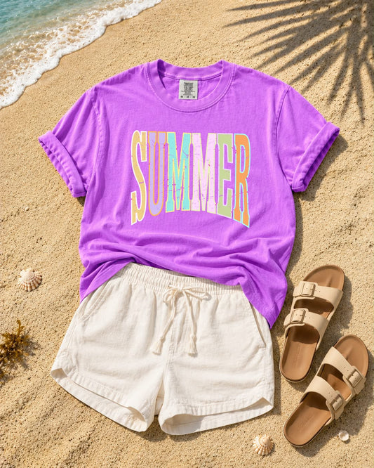 Colorful Summer Varsity Letters Neon Violet Tee