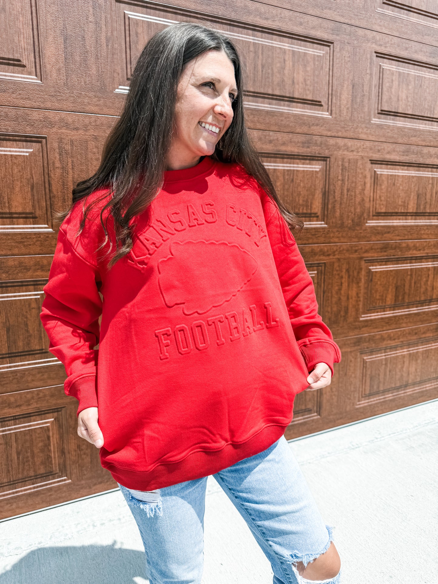 **READY TO SHIP** Embossed Kansas City Football Oversized Arrowhead Red Sweatshirt