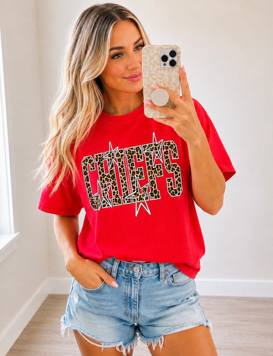 White Stars & Leopard Football Season Red Tee
