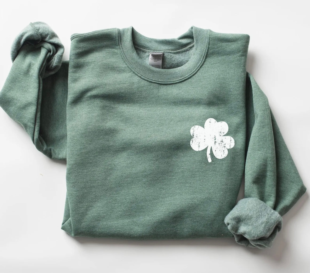 **DEAL OF THE DAY** White Left Chest Distressed Shamrock Heather Green Sweatshirt