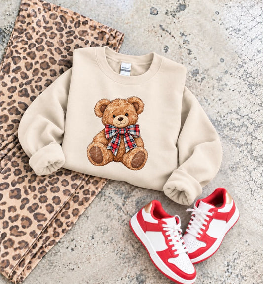 Plaid Bow Teddy Bear Sand Sweatshirt **FINAL SALE**