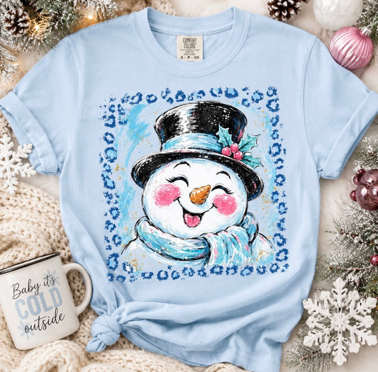 **CHRISTMAS IN JULY** Leopard Square Cutesy Snowman Chambray Tee