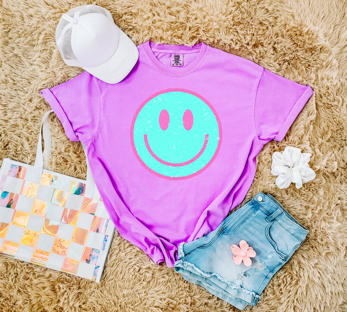 Distressed Blue Smiley Face Neon Violet Tee