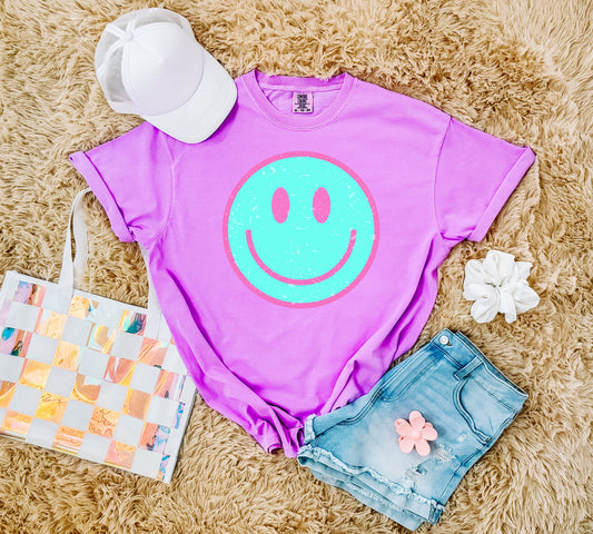 Distressed Blue Smiley Face Neon Violet Tee