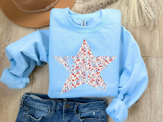 Red & Blue Floral Star Light Blue Sweatshirt