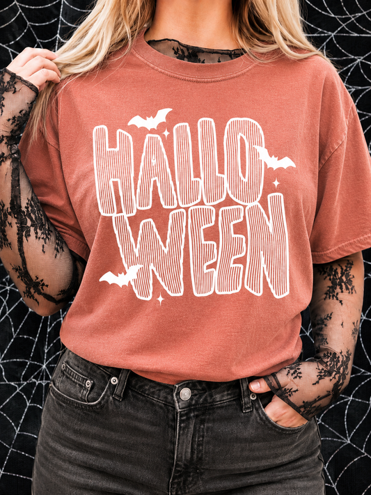 White Lined Halloween & Bats Yam Tee