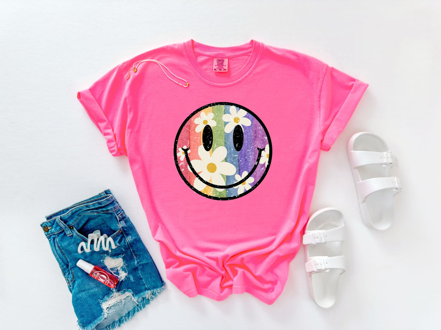 **DEAL PRICE** Rainbow Striped Daisy Smiley Neon Pink Tee