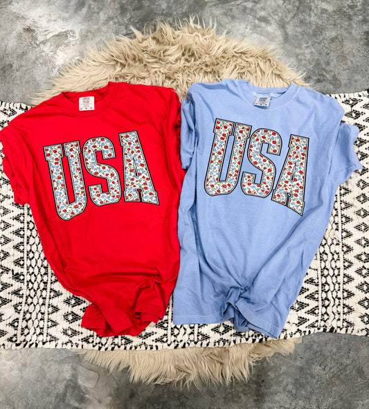 Blue & Red Floral USA Tee