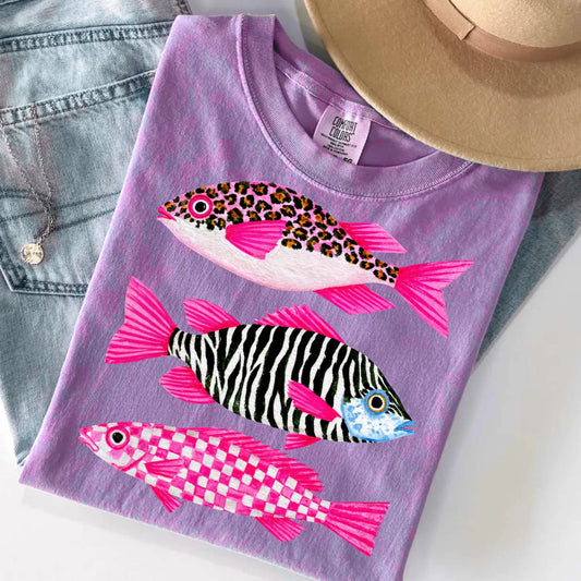 Pink Patterned Tropical Fish Berry Tee