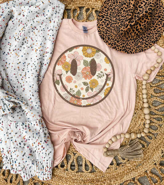 Neutral Floral Smiley Heather Peach Tee
