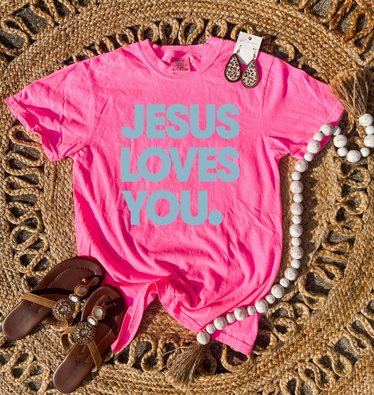 **Adult & Kids Size** Blue Jesus Loves You Neon Pink Tee