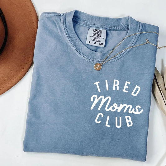 White Left Chest Tired Moms Club Washed Denim Tee