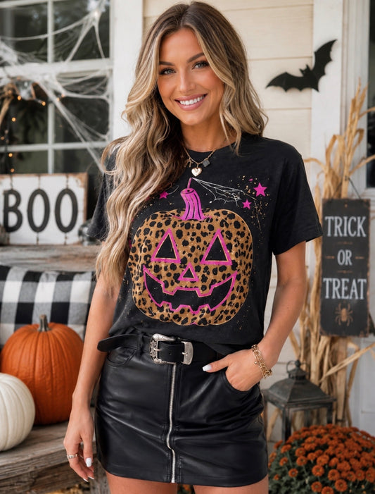 Leopard Pumpkin & Spider Web Black Tee