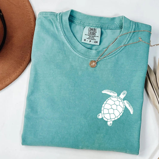 Left Chest White Turtle Seafoam Tee