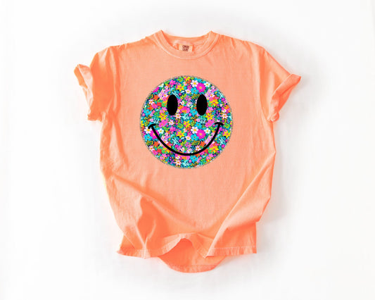 Colorful Distressed Floral Smiley Neon Cantaloupe Tee