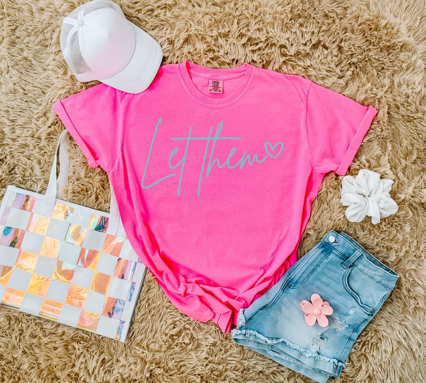 Blue Let Them Heart Neon Pink Tee