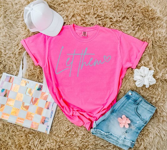 Blue Let Them Heart Neon Pink Tee