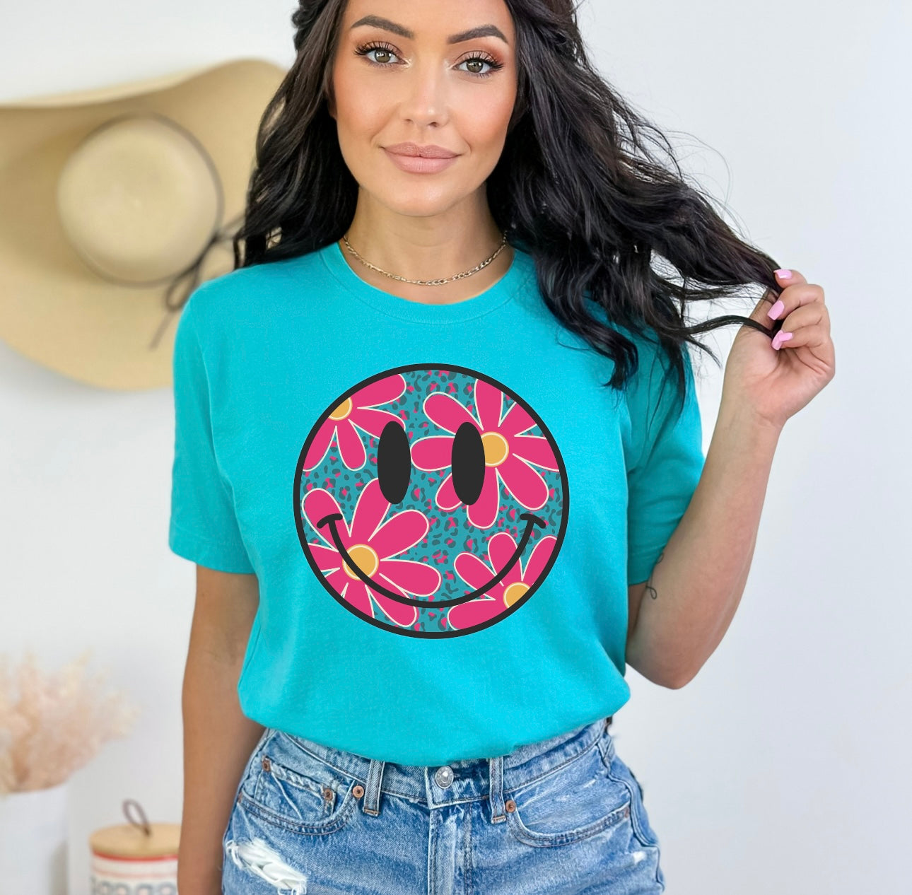 Pink & Yellow Daisey Teal Tee
