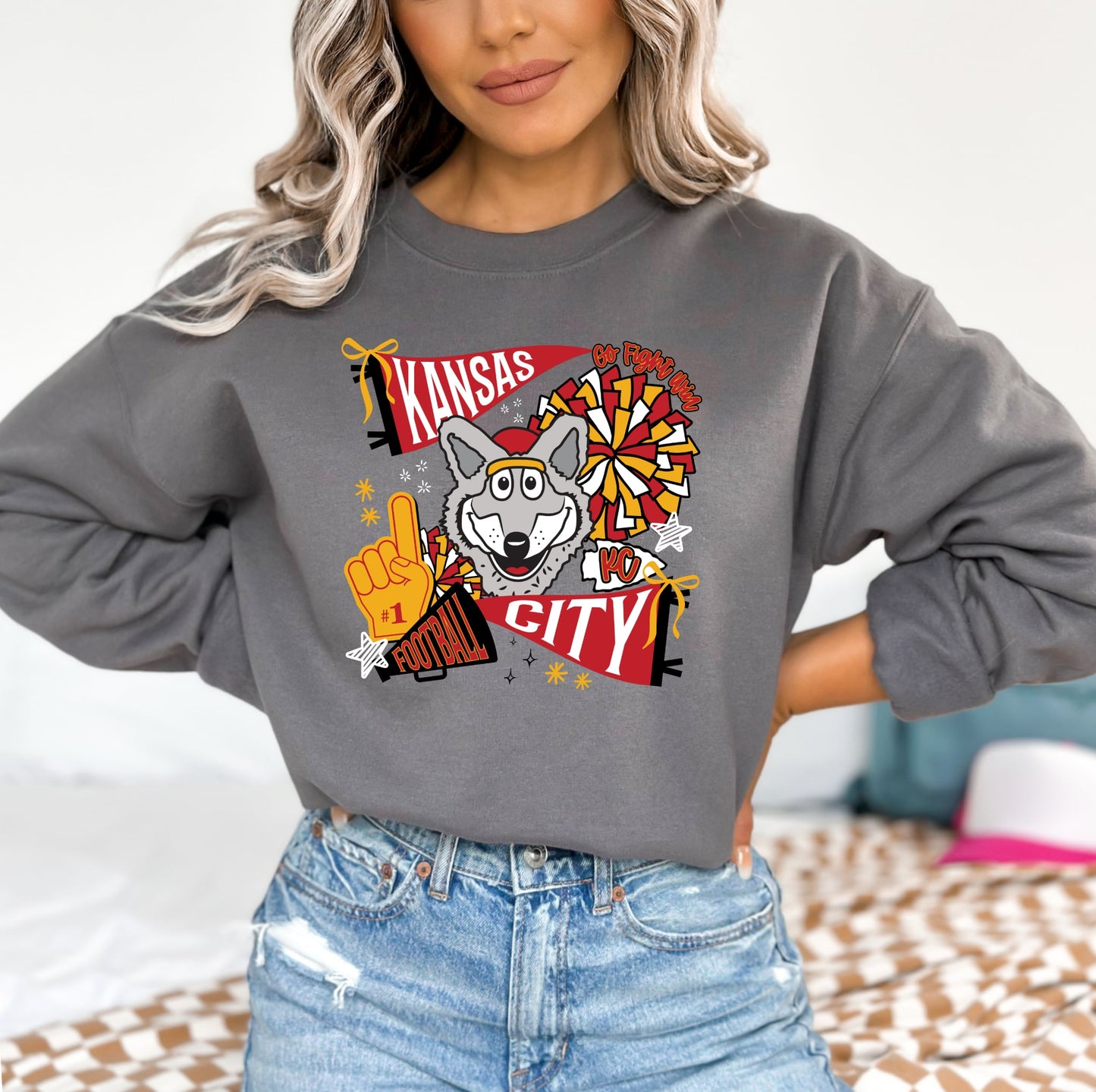 Kansas City Flags Wolf Football Charcoal Sweatshirt