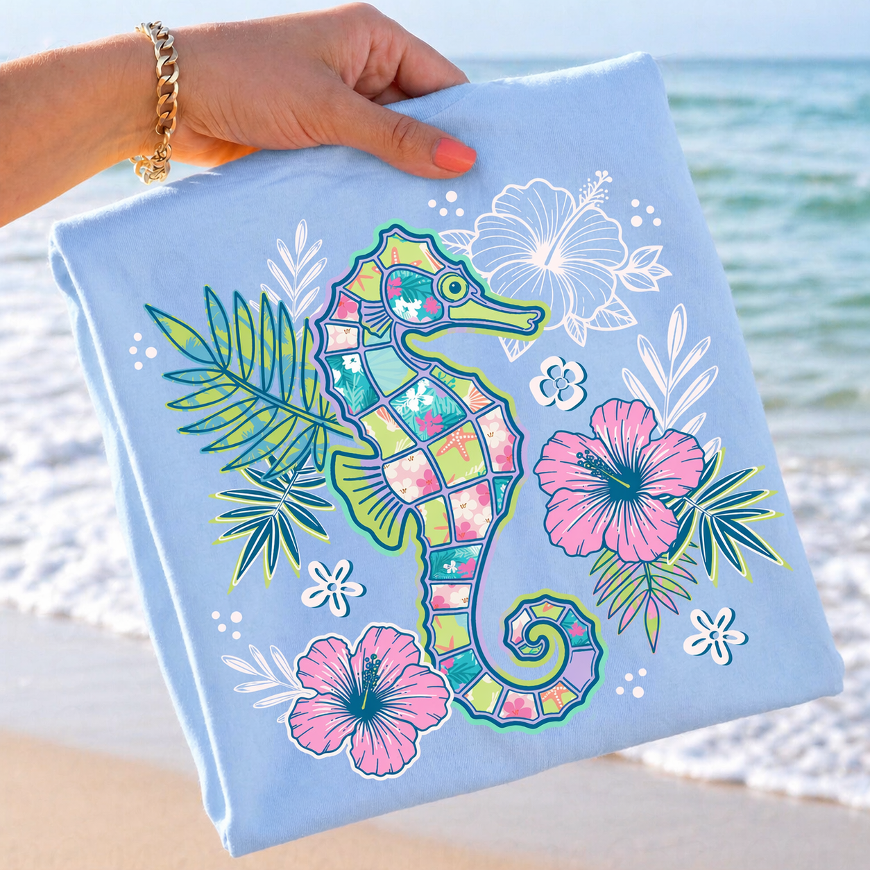 Floral Seahorse Chambray Tee