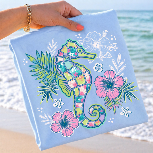 Floral Seahorse Chambray Tee