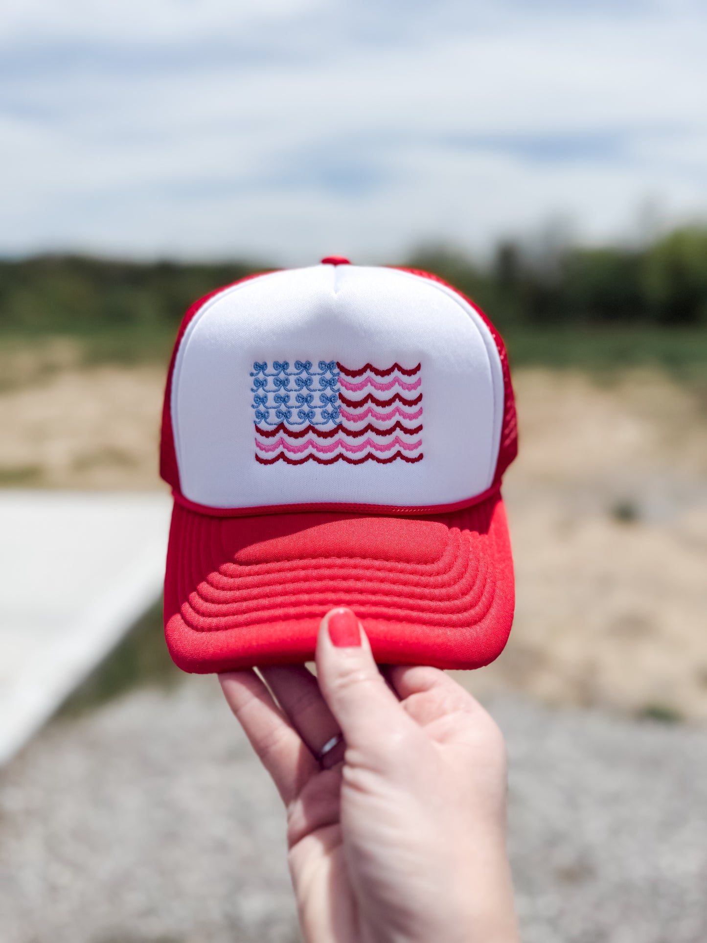 *EMBROIDERED* USA Stripes & Bow Flag Red & White Trucker Hat