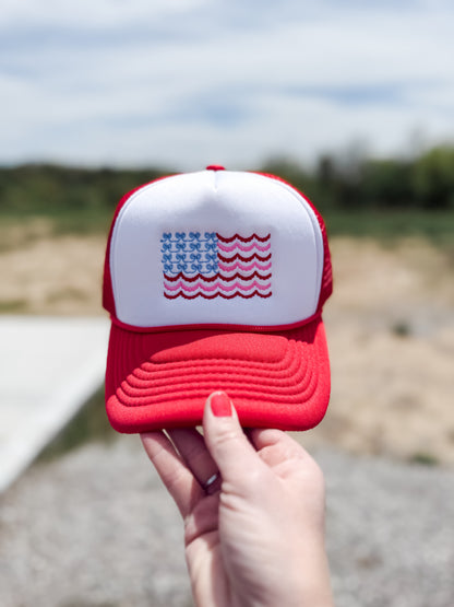 *EMBROIDERED* USA Stripes & Bow Flag Red & White Trucker Hat