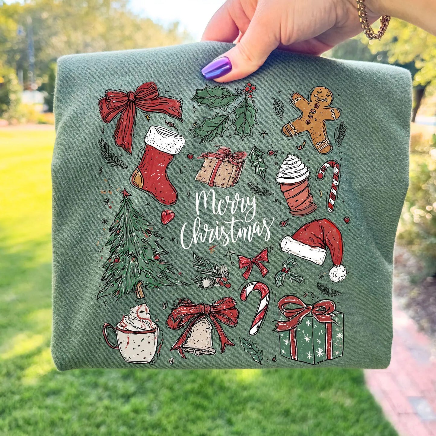**CHRISTMAS IN JULY** Scribble Merry Christmas Collage Moss Tee