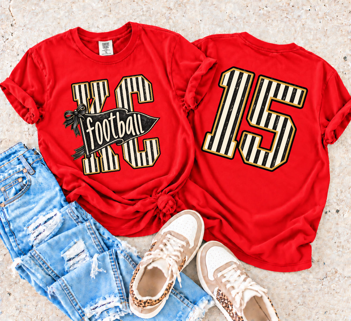 FRONT + BACK KC Striped Football Flag + 15 Red Tee