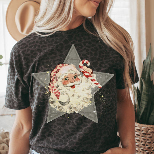 **CHRISTMAS IN JULY** Old Fashioned Santa Black Leopard Tee