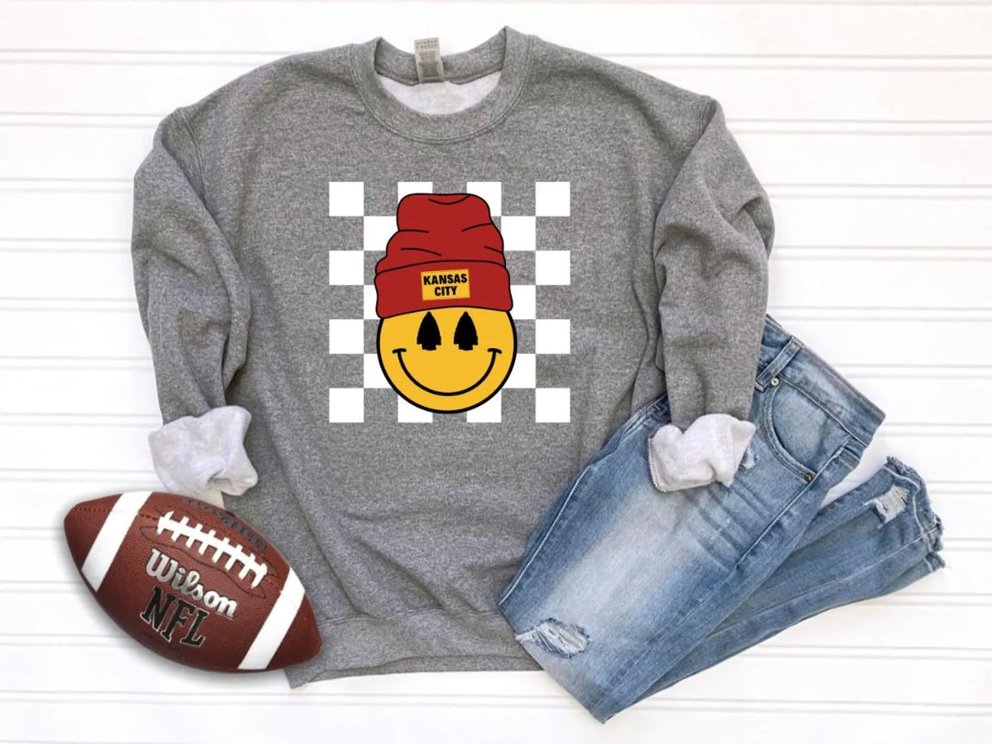 **HALFTIME DEAL** White Checkered KC Stocking Hat Smiley Heather Graphite Sweatshirt