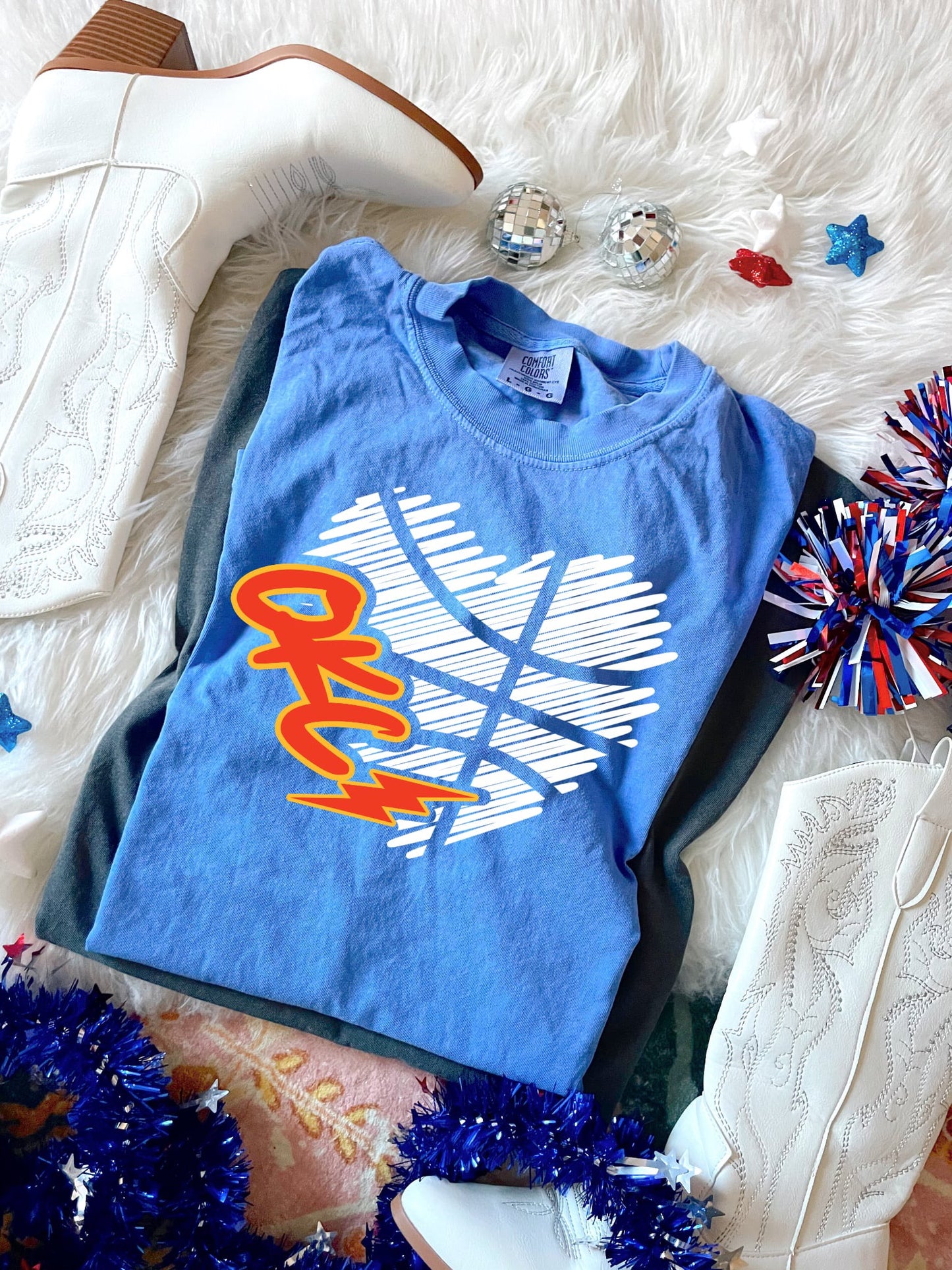 White OKC Scribble Heart Flo Blue Tee